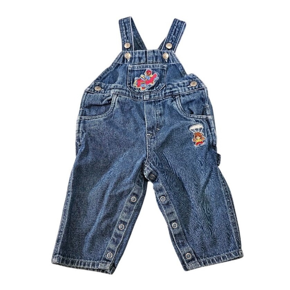 Vintage Carters Baby Denim Overalls 9-12M Blue Bear Airplane Parachute Patch